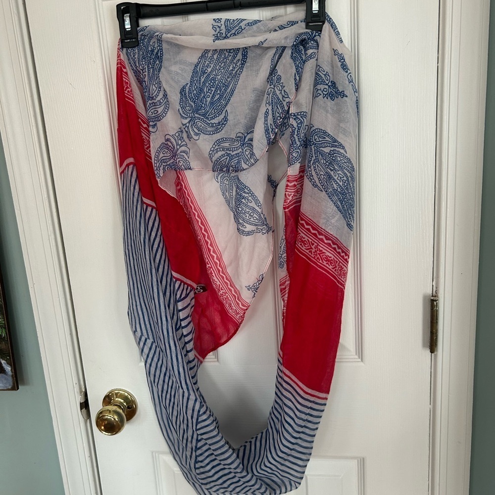 Blue and white striped infinity scarf